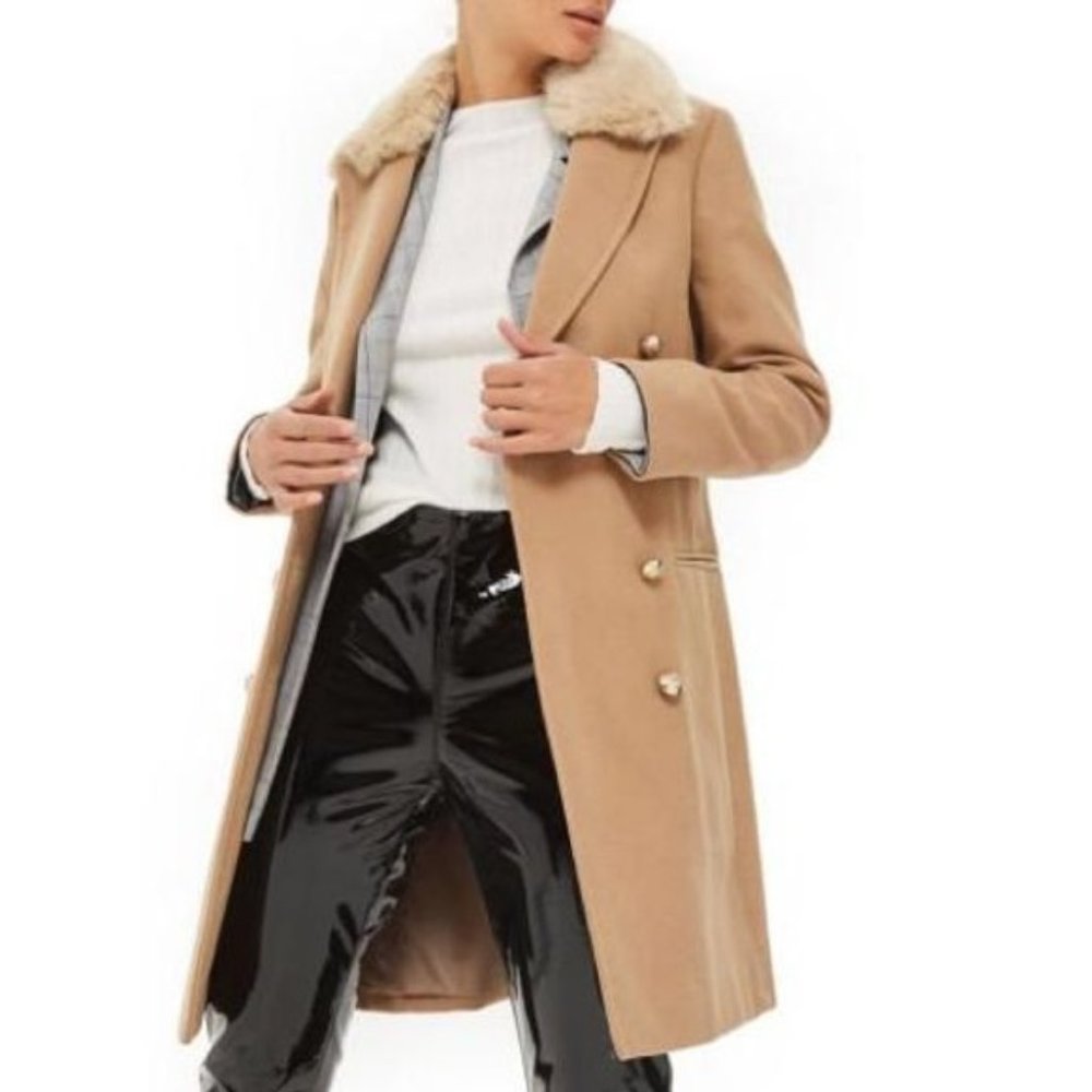 TopShop Nina Fur Collar Double Breasted Gold Button Camel Coat 8